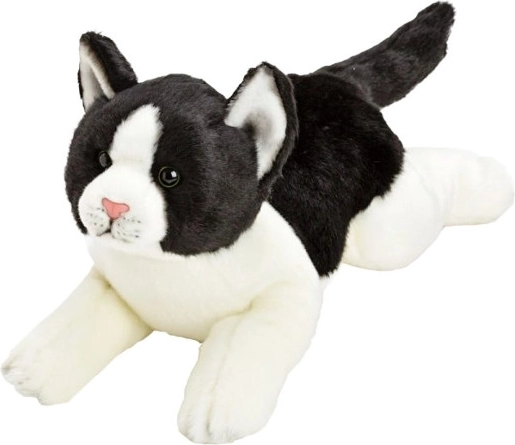 Gato de peluche realista en posición de descanso