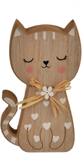 Decoración de madera gato con corazones marrón-blanco 15 cm