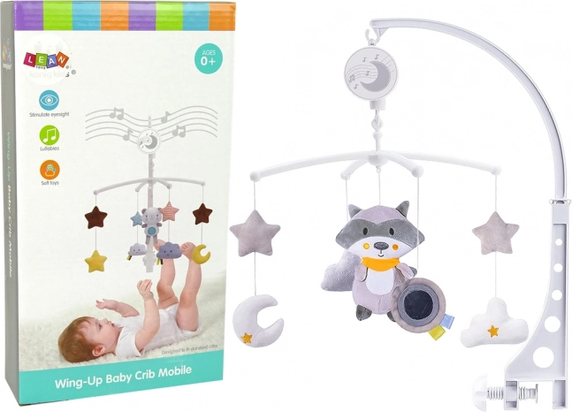 Móvil para cuna con mapache de peluche, gris, con melodía