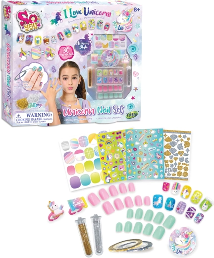 Tasia set de 30 uñas adhesivas con unicornio y purpurina