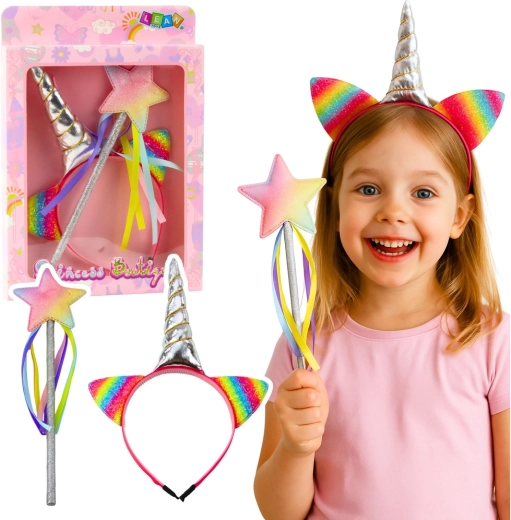 Set infantil de accesorios de unicornio – diadema con cuerno y varita mágica