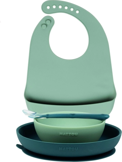 Nattou set de comida de silicona con babero 4 piezas rosa sin BPA