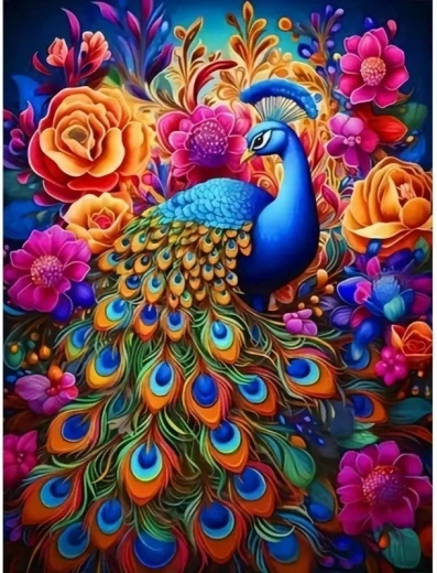 Norimpex pintura por números Pavo real entre flores coloridas 40 × 50 cm