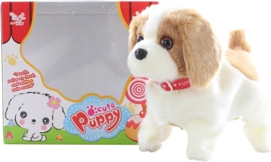 Perrito caminante marrón y blanco con volteretas
