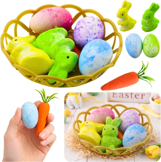 Decoración de Pascua en una cesta con conejitos, huevos y zanahoria - 6 uds.
