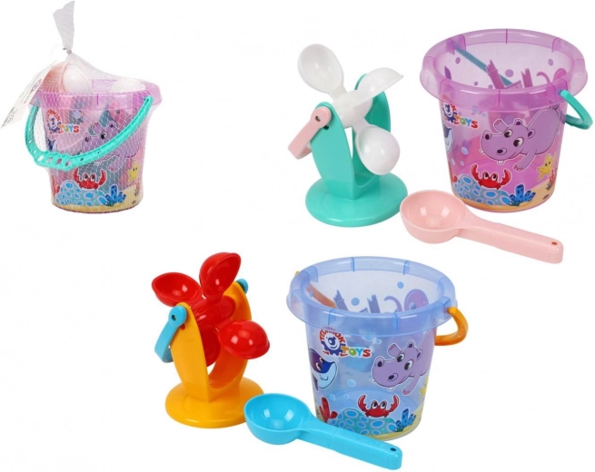 Set de plástico para arena y agua con cubo y molino en malla 17 × 16 cm