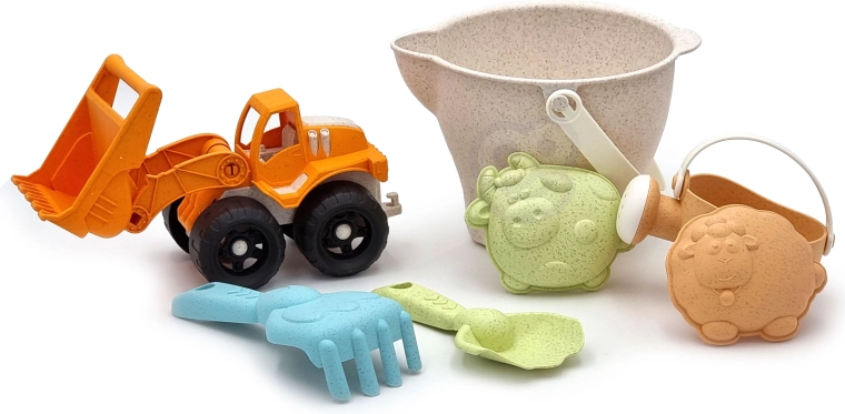 woopie green set de arena con cargadora en cubo, 7 piezas, material biodegradable