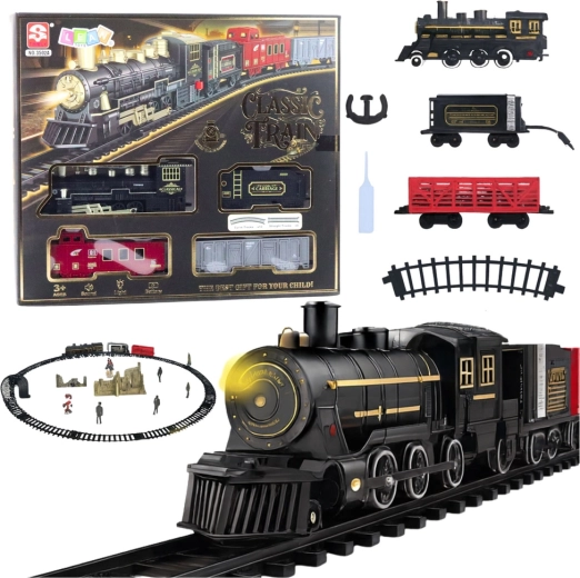 Set de tren eléctrico con locomotora de vapor, vagones y vías con luz