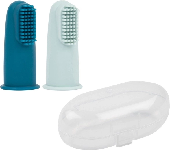 Nattou cepillo de dientes de dedo de silicona con estuche, azul petróleo/azul aqua, 2 uds.