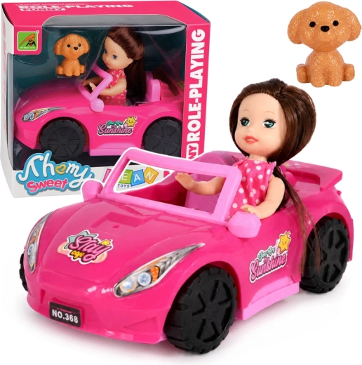 Mini muñeca en un descapotable rosa con perrito