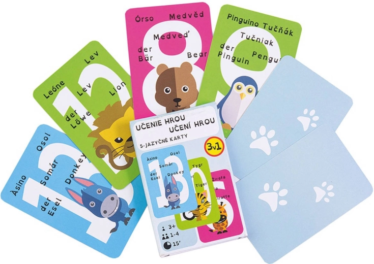 ARGUS Cartas de juego educativas 3 en 1 en cuatro idiomas