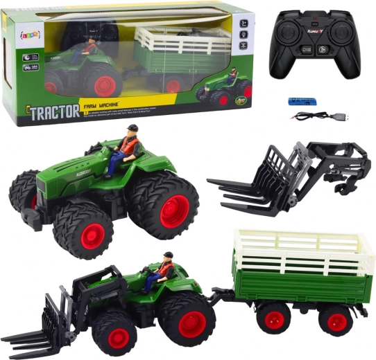 Tractor teledirigido con remolque y horquillas