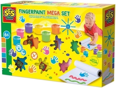 SES Creative mega set de pinturas de dedos con 6 colores de 110 ml y papel de 2 m