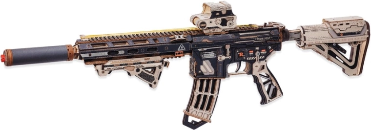 RoboTime ROKR rompecabezas 3D de madera (DIY) pistola para disparar gomas M416 carbine