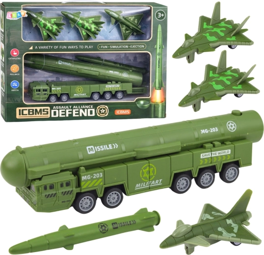 Set militar con lanzacohetes, camión y cazas con mecanismo de retroceso (pull back)