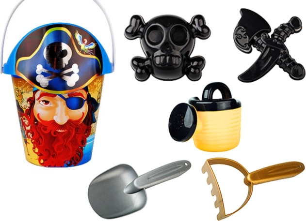 Set pirata de arena: cubo, regadera, tamiz y moldes (6 piezas)