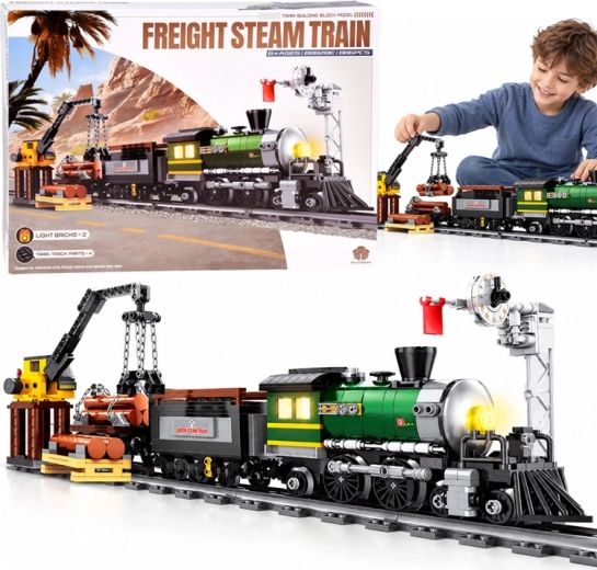 Set de construcción de tren de vapor luminoso con vagón y grúa