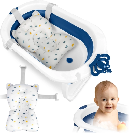 Bañera infantil plegable con reductor para recién nacido, blanco-azul