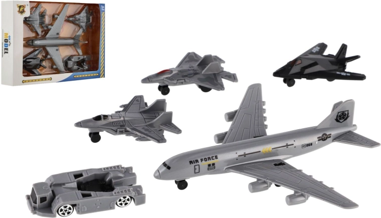 Set de aviones y vehículos militares 5 uds de plástico con mecanismo de inercia en caja 23 × 15,5 × 4 cm
