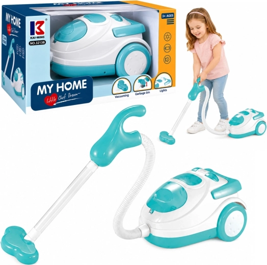 Aspiradora infantil a pilas azul y blanca con luz, sonido y bolitas de poliestireno