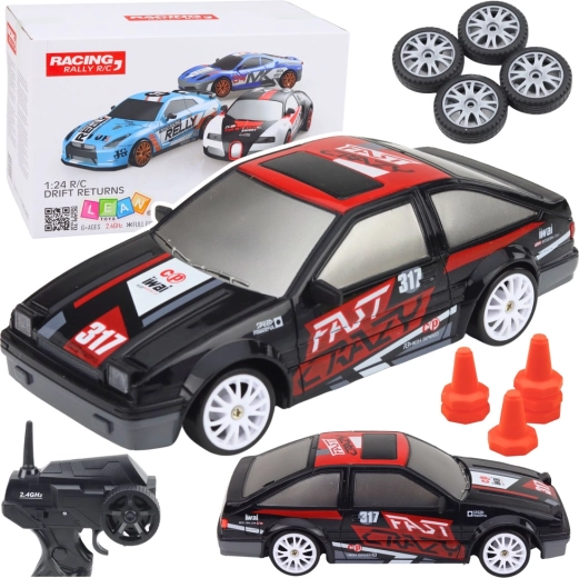 Coche RC de drift 1:24 con ruedas intercambiables, negro
