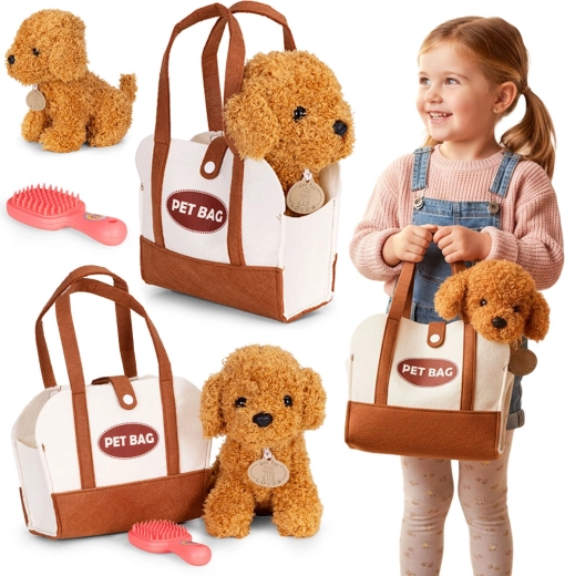 Perrito de peluche en bolsa con cepillo – caniche marrón para niños