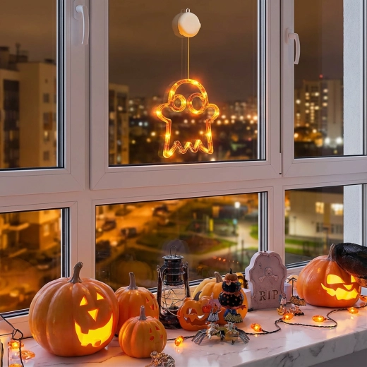 Decoración luminosa de Halloween con forma de fantasma, ventosa y 12 LED