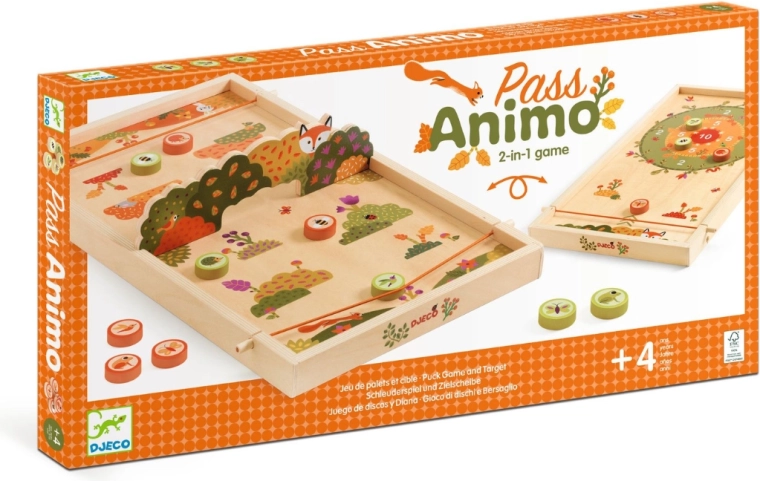 Juego de mesa Djeco Pass Animo – juego de tejo/flick de madera de doble cara y captura de fichas