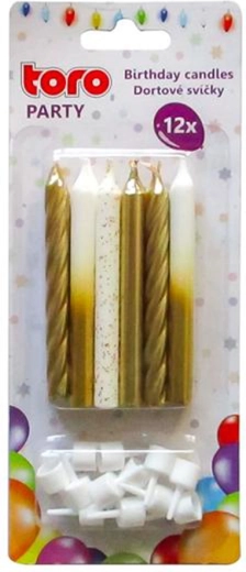 Velas para tarta con soporte TORO, 7,5 cm, dorado y blanco, 12+12 uds