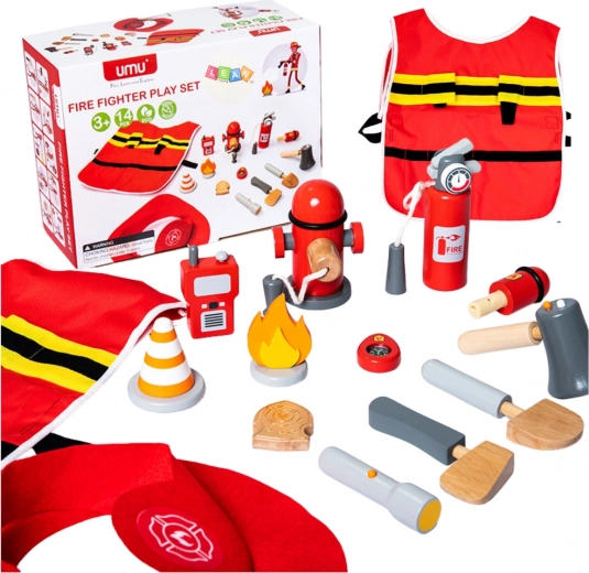 Set infantil de bombero con disfraz y accesorios de madera