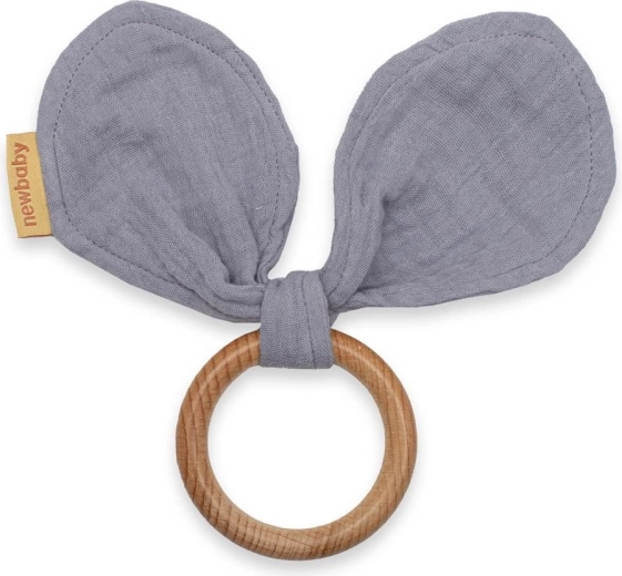 Mordedor de madera con orejitas de muselina New Baby, gris