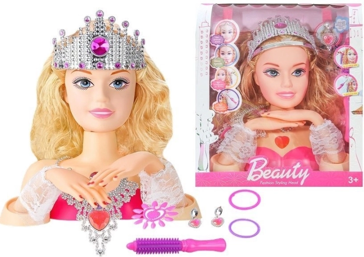 Cabeza de muñeca para peinar con corona y accesorios