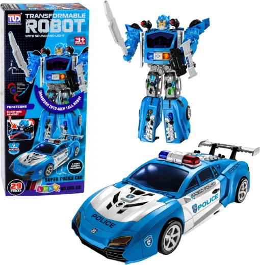 Robot policial 2 en 1 con coche deportivo policial, luces, sonidos y lanzador: 29 piezas