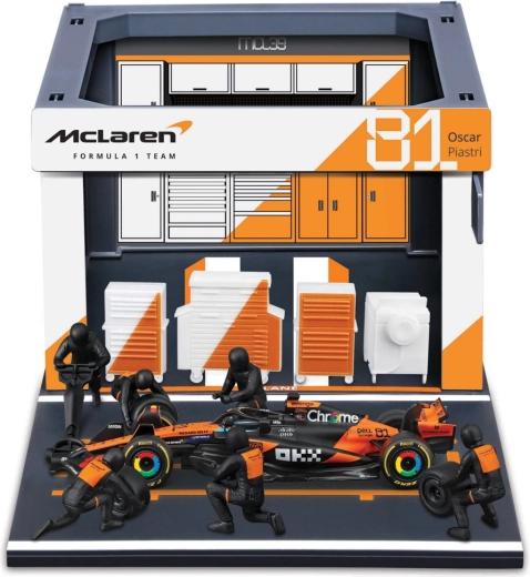 Set de pase de boxes de Fórmula 1 Bburago McLaren MCL39 2025 Oscar Piastri 1:43