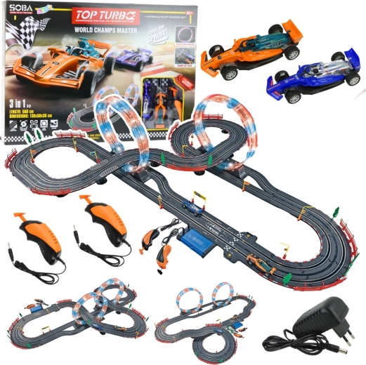 Pista de carreras 3 en 1 con bucles iluminados, coches y mandos de 560 cm