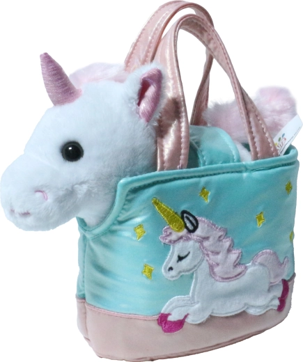 Unicornio blanco de peluche en bolso, 15 cm