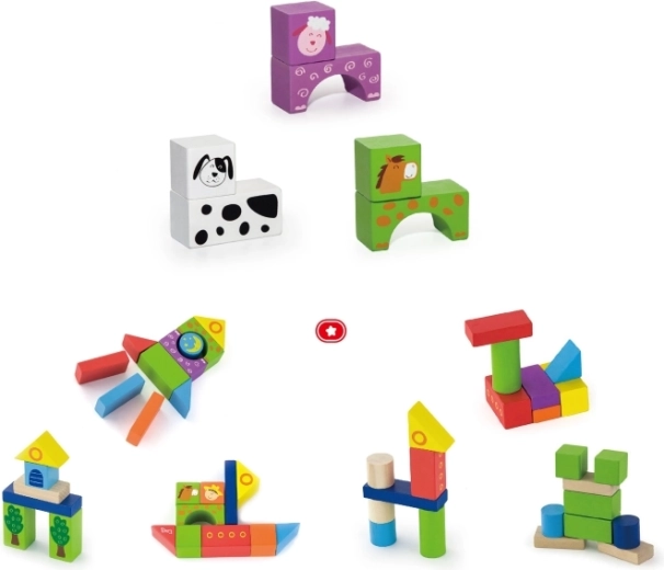 Set de construcción de madera granja – 50 bloques en cubo