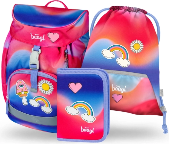 Set escolar BAAGL Airy Arcoíris rojo: mochila, estuche, bolsa