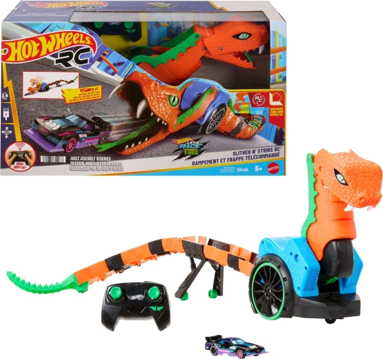 Hot Wheels RC serpiente mecánica Slither n' Strike con lanzador de coches y coche 1:64