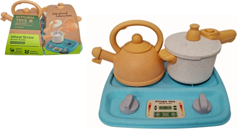 Set de cocina con hornillo, tetera y olla de paja de trigo