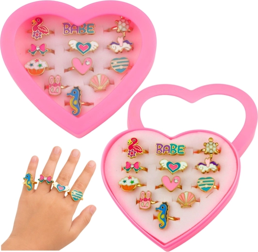 Set de anillos infantiles ajustables en estuche con forma de corazón, 12 uds