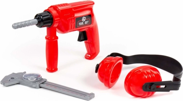 Set de herramientas infantil: taladro rojo, protectores auditivos y calibre deslizante