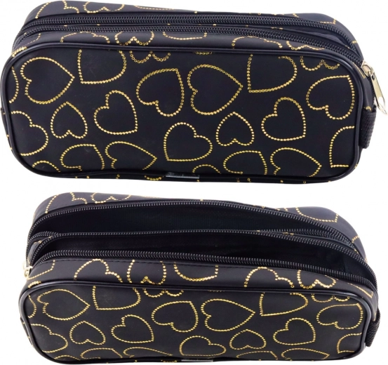 Estuche negro con corazones dorados, de dos compartimentos