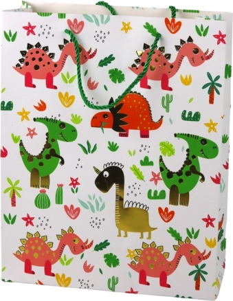 Bolsa de regalo de papel con dinosaurios y palmeras de colores 32 × 26 × 10 cm