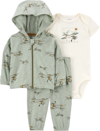 Carter’s conjunto de 3 piezas para niños con sudadera y avión, body y pantalones deportivos, verde (talla 56)