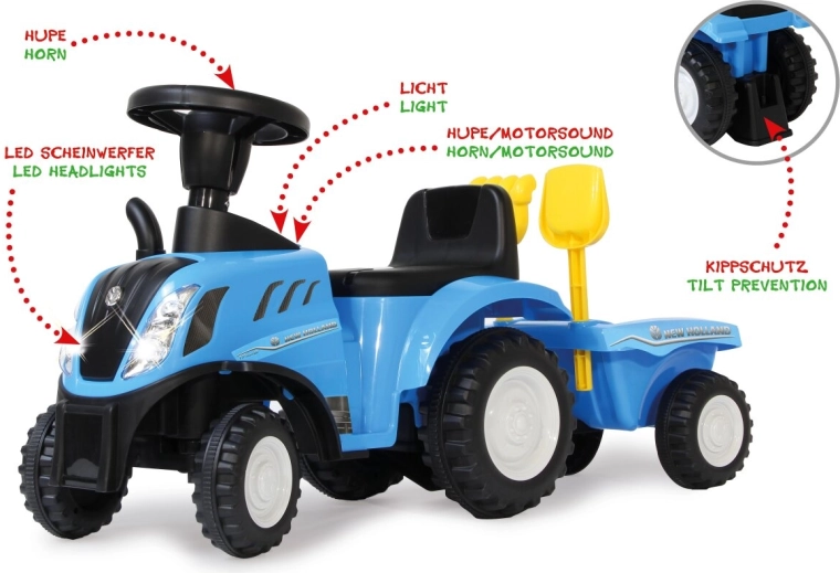 Correpasillos infantil New Holland T7 con remolque 2 en 1 azul