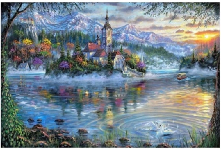 Pintura de diamantes – set creativo para un cuadro de mosaico con un lago y una iglesia