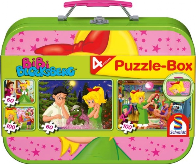 Puzzle La pequeña brujita Bibi 4en1 en maletín metálico (60, 60, 100, 100 piezas) SCHMIDT