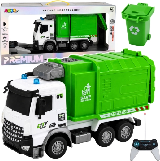 Camión de basura RC teledirigido con luces y cubo 1:14