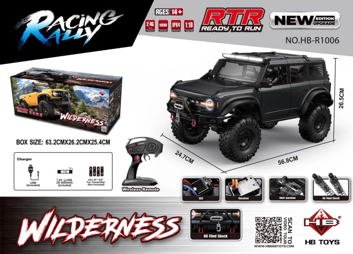 Coche RC WILDERNESS 1:10, negro, impermeable, iluminación LED
